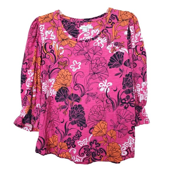 Chico's Cotton Slub Knit Floral Smocked Cuff 3/4 Sleeve T-Shirt Size 2 Large - Picture 1 of 6